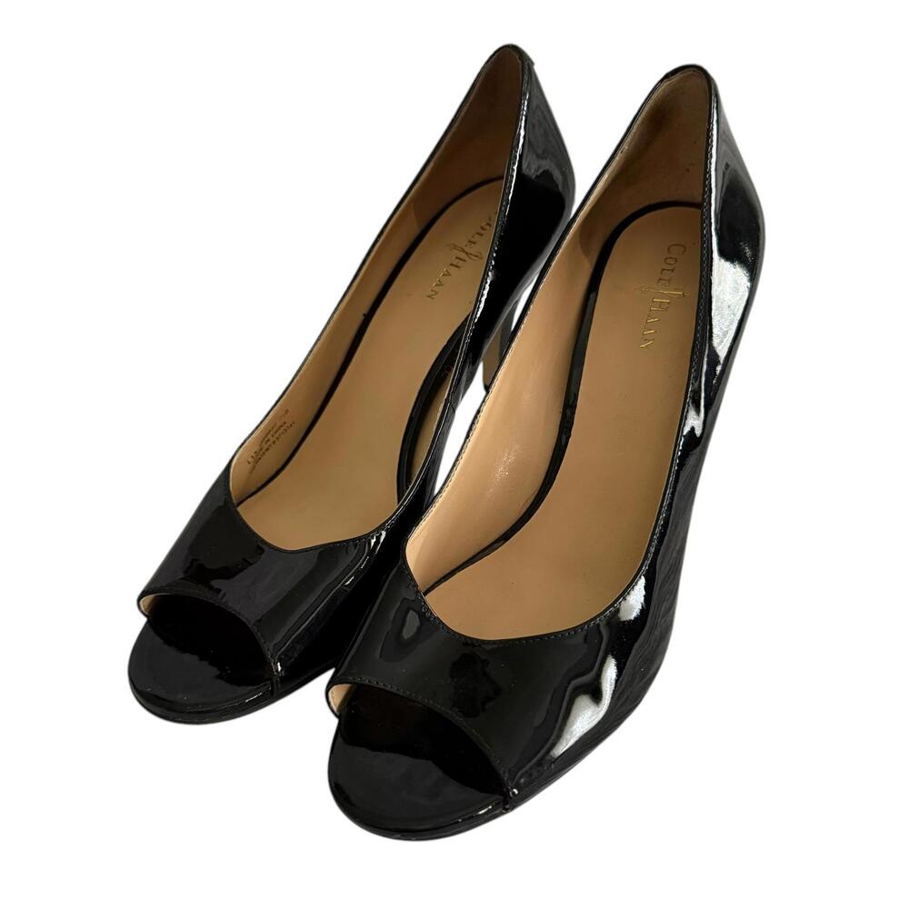 COLE HAAN Carma Black Patent Leather Peep Toe Ladies Heels, 7.5B